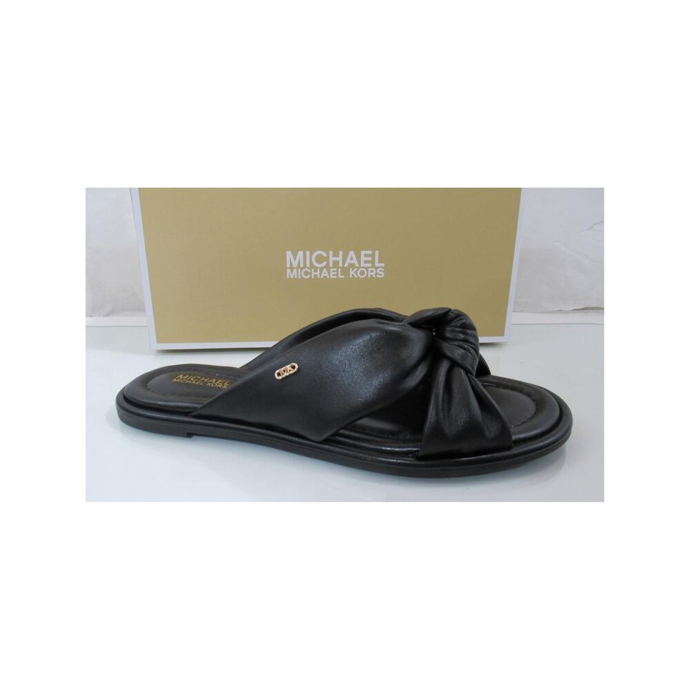 Michael Kors Elena Flat Slide Sandals Knotted Strap Leather Black